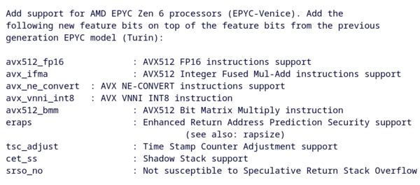 Die Commit-Nachricht aus Ben Cheathams QEMU-Patch listet die neuen Feature-Bits für Epyc Venice auf.