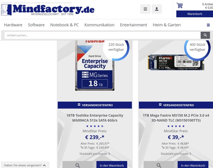 Die NVMe-SSD muss über die MindStar-Seite in den Warenkorb gelegt werden