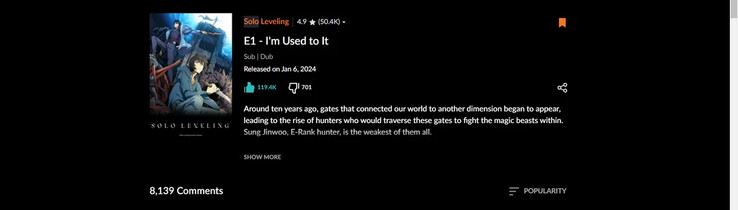 Solo Leveling-Premiere: Benutzerbewertung nach 48 Stunden (Bildquelle: Screenshot - Crunchyroll)