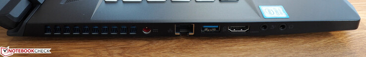 linke Seite: DC-in, RJ45-LAN, USB-A 3.0, HDMI, Mikrofon, Kopfhörer