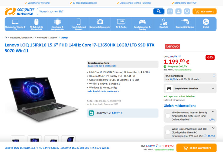 Lenovo LOQ 15IRX10 83JE0022GE für 1.199 Euro.