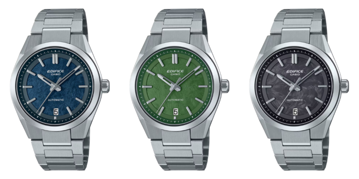 Von links nach rechts: die Casio Edifice EFK-100D-2A, EFK-100D-3A und die EFK-100CD-1A. (Bildquelle: Casio)