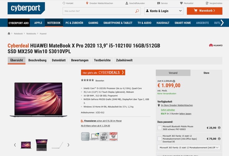 Cyberport bietet das Huawei MateBook X Pro 2020 derzeit zum Bestpreis. (Bild: Cyberport)