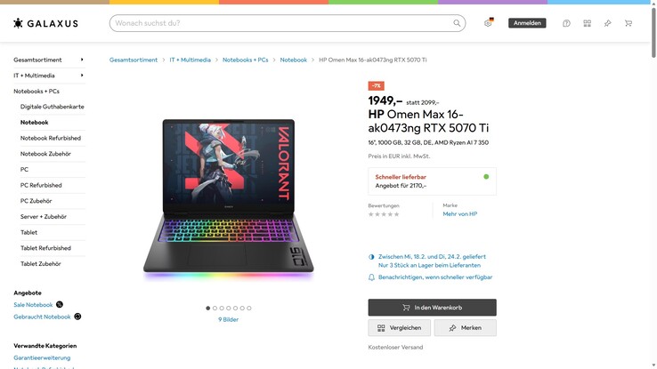 HP Omen Max Gaming Laptop 16-ak0473ng (C8BB9EA) für 1.949 Euro.