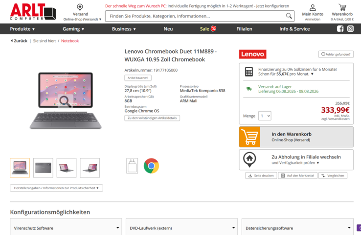 Lenovo Chromebook Duett 11 83HH000NGE für 333,99 Euro.