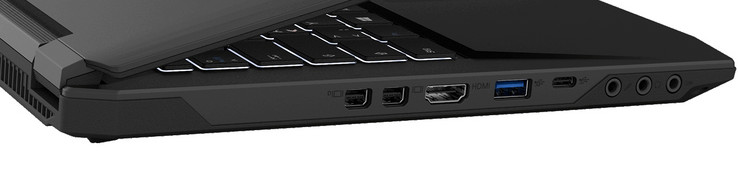 linke Seite: Mini Displayport 1.4, Mini Displayport 1.2, HDMI, USB 3.1 Gen 1 (Typ-A), USB 3.1 Gen 2 (Typ-C), Mikrofoneingang, Kopfhörerausgang, S/PDIF