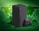 Xbox Series X Konsole mit Weltkarte im Hintergrund