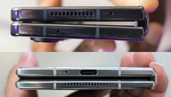 Vergleichsbild zwischen Samsung Galaxy Z Fold4 und Xiaomi Mix Fold 2. Das dünnere und spaltenlose Xiaomi-Scharnier hat allerdings auch Nachteile. (Bild via Ice Universe)