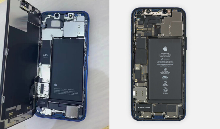 Das Apple iPhone 13 links setzt teils auf kleinere Komponenten als das iPhone 12 rechts. (Bild: Sonny Dickson / iFixit)