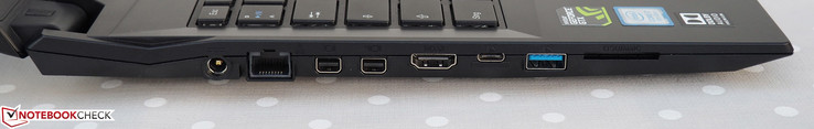 Linke Seite: DC-in, RJ45-LAN, 2x Mini-DisplayPort, HDMI, USB-C 3.1, USB-A 3.0, Kartenleser
