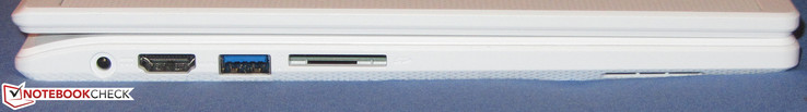 Linke Seite: Netzanschluss, HDMI, USB 3.1 Gen 1 (Typ A), Speicherkartenleser (SDXC)
