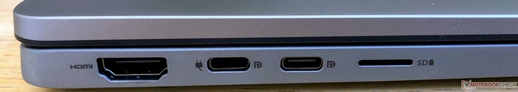 Links: HDMI 2.0, 2x USB-C 3.2 Gen 1 (5 GBit/s, DisplayPort 1.4, Lademöglichkeit), microSD