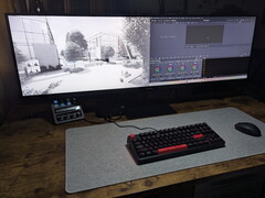 Der Innocn E49M1R zeigt eine technische Zeichnung links und Davinci Resolve rechts