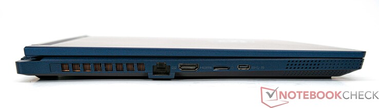 Linke Seite: LAN (RJ45), HDMI 2.1 (4K/120 Hz, 8K/60 Hz), microSD-Kartenleser, USB 3.2 Gen 2 Typ-C