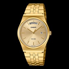 Casio MTP-B146G-3AV Armbanduhr mit goldionenplattiertem Edelstahlgehäuse und -armband, goldfarbenem Zifferblatt, Wochentagsanzeige bei 12 Uhr und Datumsfenster bei 3 Uhr