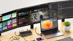 Satechi schließt drei 4K-Monitore an das MacBook Air an, obwohl offiziell nur ein Bildschirm unterstützt wird. (Bild: Satechi)
