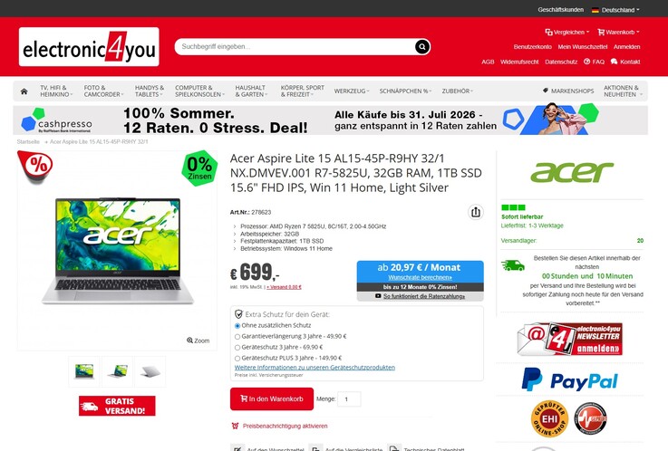 Acer Aspire Lite 15 AL15-45P-R9HY für 699 Euro.