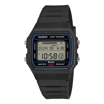 Casio F-B100W-1A mit schwarzem Gehäuse, Resin-Armband und blauem Akzentring um das Zifferblatt.