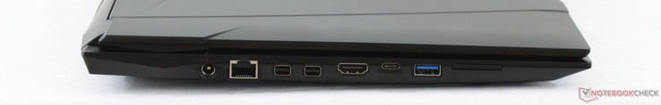 links: Stromstecker, Gigabyte RJ-45, MiniDisplayPort 1.3, MiniDisplayPort 1.2, HDMI 1.4, USB 3.1 Typ-C Gen.2, USB 3.0, SD-Kartenleser