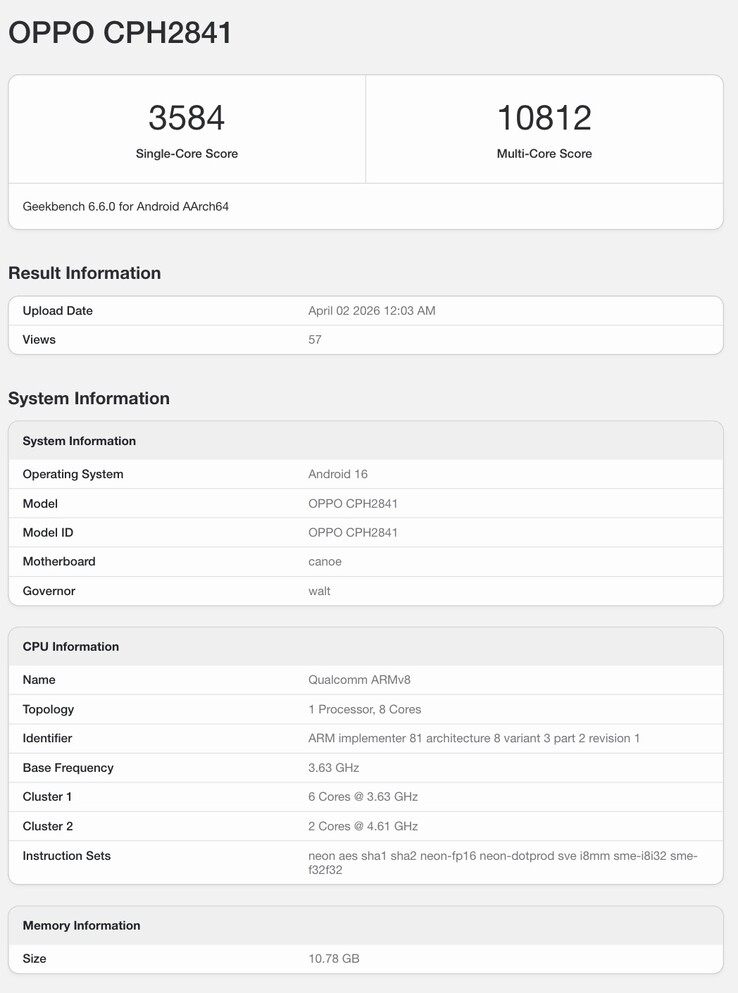 Der Geekbench-Eintrag zum neuen Oppo-Handy