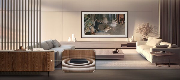 Die Wireless One Connect Box des The Frame Pro ermöglicht eine saubere Installation ohne Kabelsalat