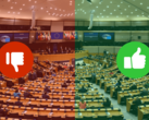 EU-Parlament im Hintergrund, Vordergrund: Daumen hoch oder runter
