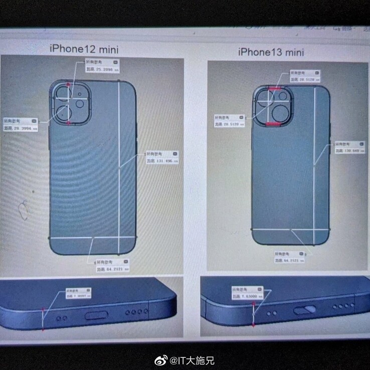 CAD-Leak zum iPhone 13 Mini vs iPhone 12 Mini (Bild: Weibo)
