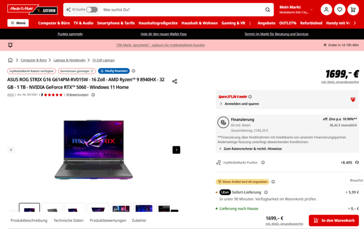 Asus ROG STRIX G16 G614PM-RV015W für 1.427,74 Euro.