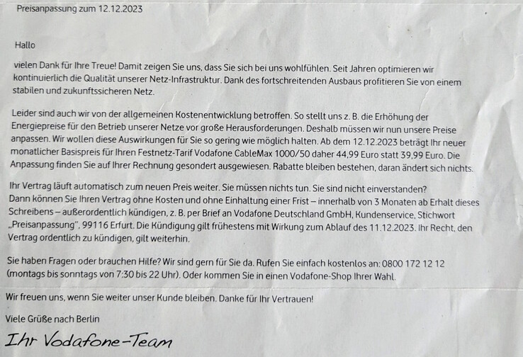 Vodafone-Brief mit der Ankündigung der Preiserhöhung