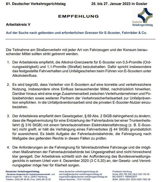 61. Deutscher Verkehrsgerichtstag 2023 in Goslar: Empfehlungen E-Scooter.