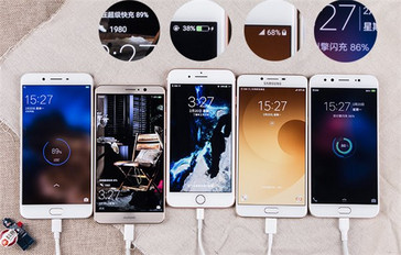 Stand nach 60 Minuten: Huawei und Oppo 89%, Vivo 86%, Samsung 68% und Apple 38%.