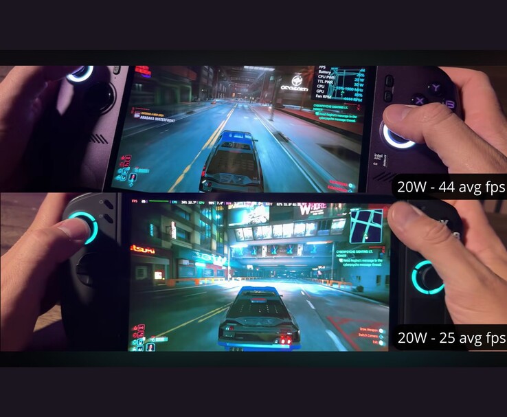 MSI Claw 8 AI+ und Lenovo Legion Go 2 im Vergleich mit Cyberpunk 2077 bei 20 W – 44 FPS gegenüber 25 FPS