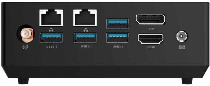 Hinten: WLAN-Antennenanschluss, 2x Gigabit Ethernet, 4x USB 3.1 Gen 2 (10 Gbit/s) Typ-A, DisplayPort 1.2, HDMI 2.0, Netzteil