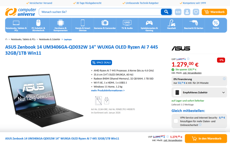 Asus ZenBook 14 OLED UM3406GA-QD032W für 1.279 Euro.
