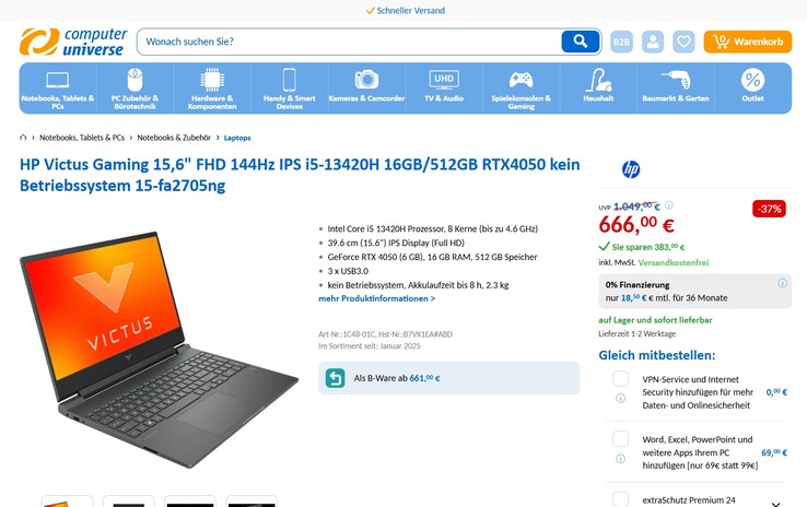 HP Victus 15-fa2705ng (B7VK1EA) im Angebot für 666 Euro.