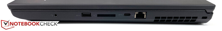 Rechts: Kombo-Audio, USB-A 3.2 Gen1, SD-Kartenleser, USB-C 3.2 Gen2, RJ45-Ethernet, Kensington-Lock