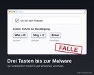 Gefälschter Ich bin kein Roboter Dialog mit den Tasten Win + R, Strg + V und Enter und einem roten Stempel mit der Aufschrift Falle