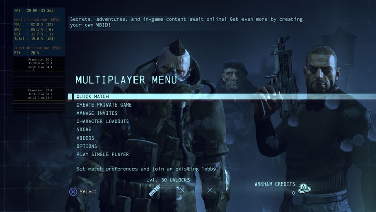 Das Multiplayer-Menü von Batman: Arkham Origins in ARMSX3 mit schneller Spielsuche, privaten Partien und Einladungen.
