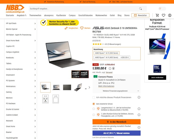 Asus Zenbook S 16 UM5606WA-RK376W für 1.599 Euro.