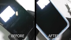 Der Vergleich macht sicher: Dieses iPhone sieht nach 5 Minuten Reparatur-Behandlung in der Rewa-Maschine wieder wie neu aus. (Bild: JerryRigEverything)