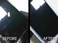 Der Vergleich macht sicher: Dieses iPhone sieht nach 5 Minuten Reparatur-Behandlung in der Rewa-Maschine wieder wie neu aus. (Bild: JerryRigEverything)