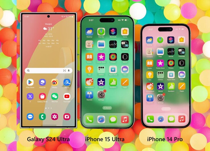 Gruppenbild: Samsung Galaxy S24 Ultra auf Basis von Ice Universe Daten/Render im Vergleich mit Apple iPhone 15 Ultra Leak sowie iPhone 14 Pro.
