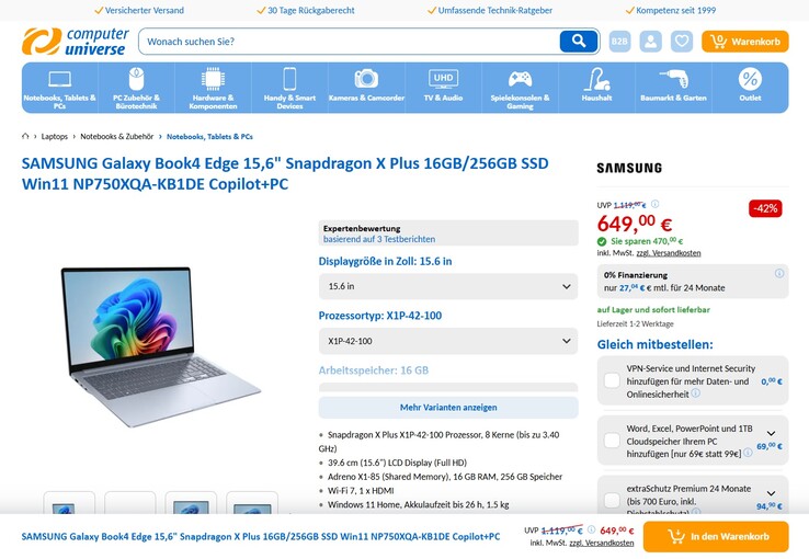 Samsung Galaxy Book4 Edge (NP750XQA-KB1DE) für 649 Euro.