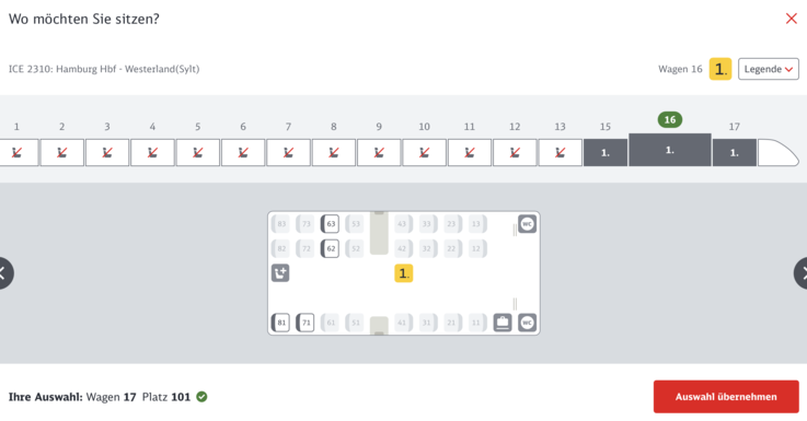 Sitzplatzauswahl nach Sylt am 1. Mai 2026 in der 1. Klasse. Die Waggons sind recht kurz.