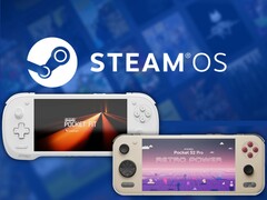 Der Konkr Pocket Fit G3 und der Ayaneo Pocket S2 Pro vor dem SteamOS-Logo.