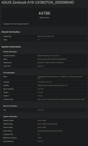 Snapdragon X2 Elite X2E-96-100 Geekbench GPU-Leistung