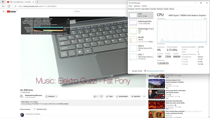 Die 4K-YouTube-Wiedergabe stellt für das System kein Problem dar und wird mit nur 4 % CPU-Last und 1 % iGPU-Last durchlaufen, allerdings stellten wir wenige Frame-Drops fest.