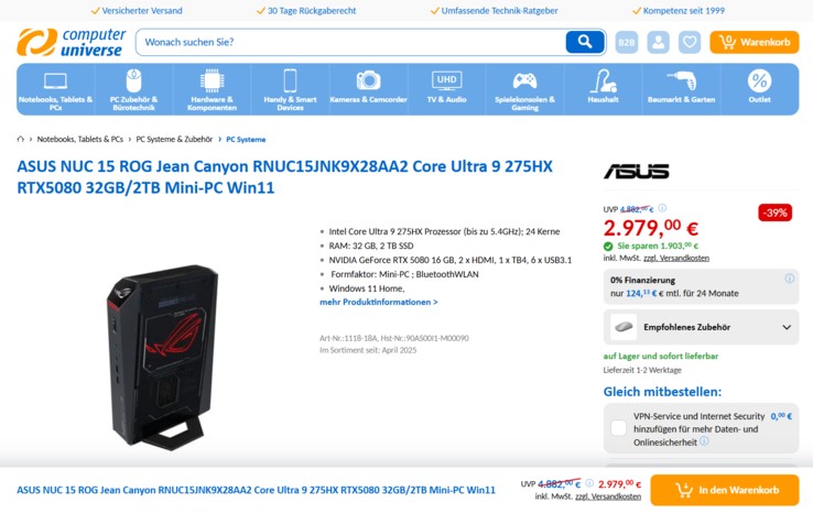 Asus ROG NUC 15 RNUC15JNK9X28AA2 für 2979 Euro.