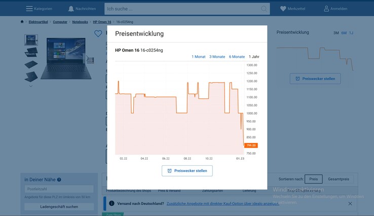 Idealo-Preisverlauf des HP Omen 16