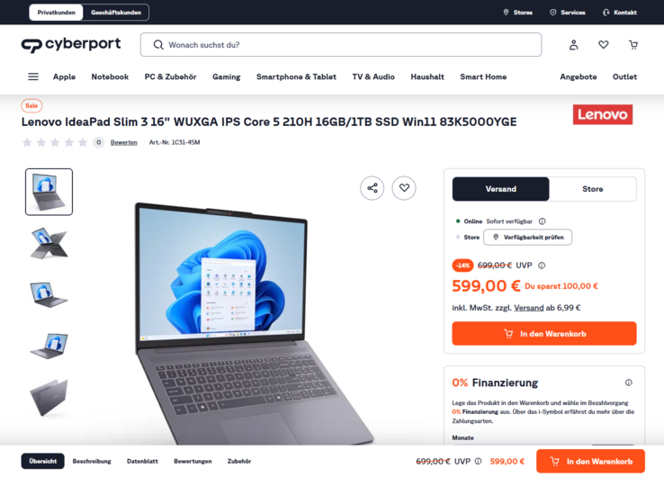 Lenovo IdeaPad Slim 3 16IRH10R 83K5000YGE für 599 Euro.